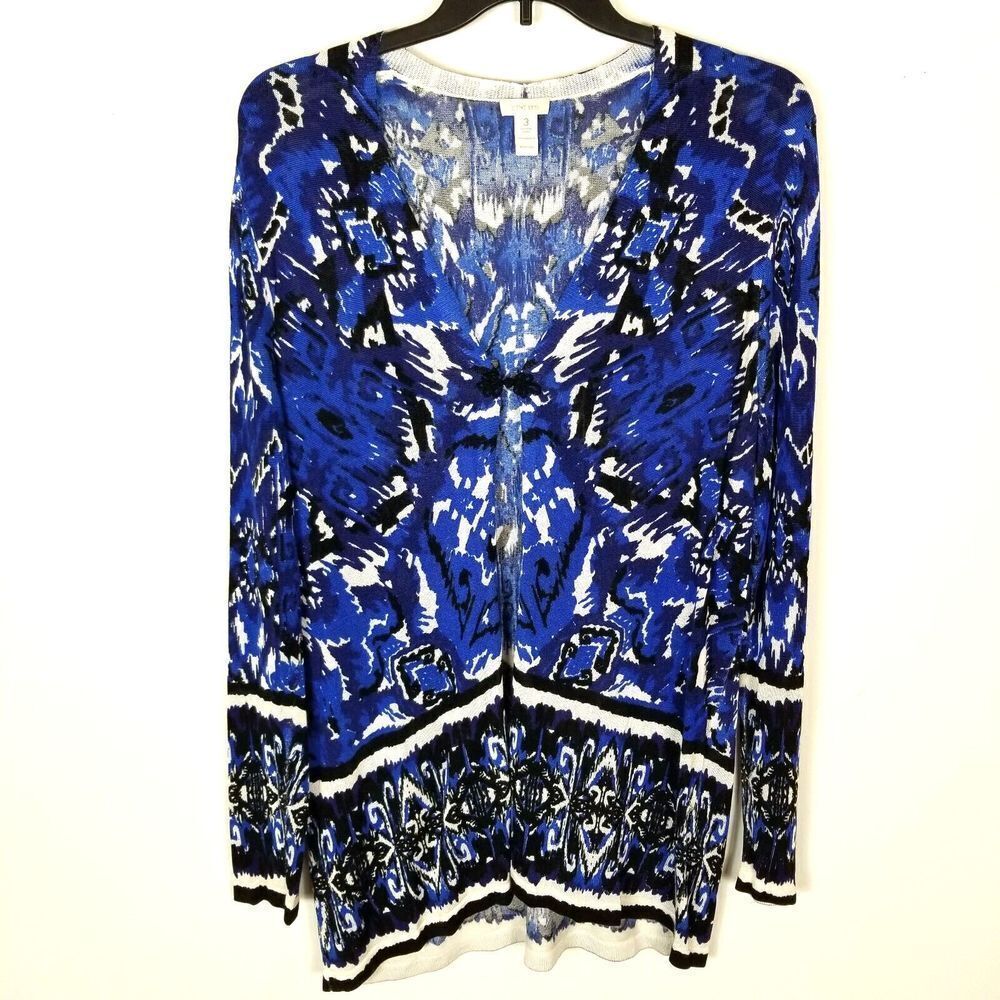 Chico's Women Floral Printed Lightweight Sweater Cardigan Size XL Blue